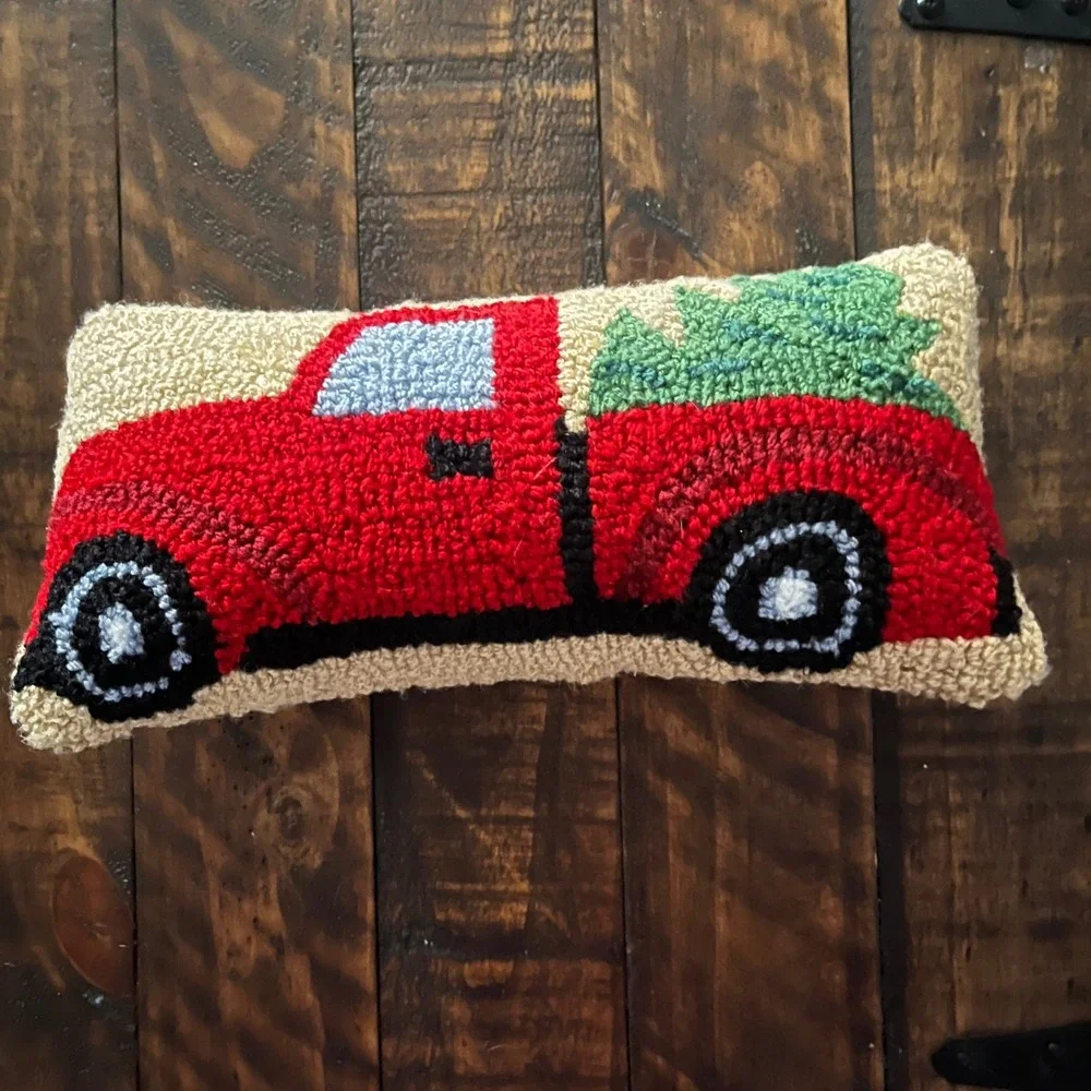 Christmas Red Truck‎ Hooked Wool Lumbar Pillow Holiday Decor Farmhouse Accent
